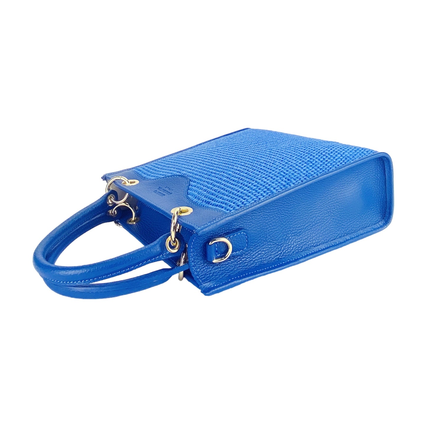 Blue handbag with gold accents on a white background