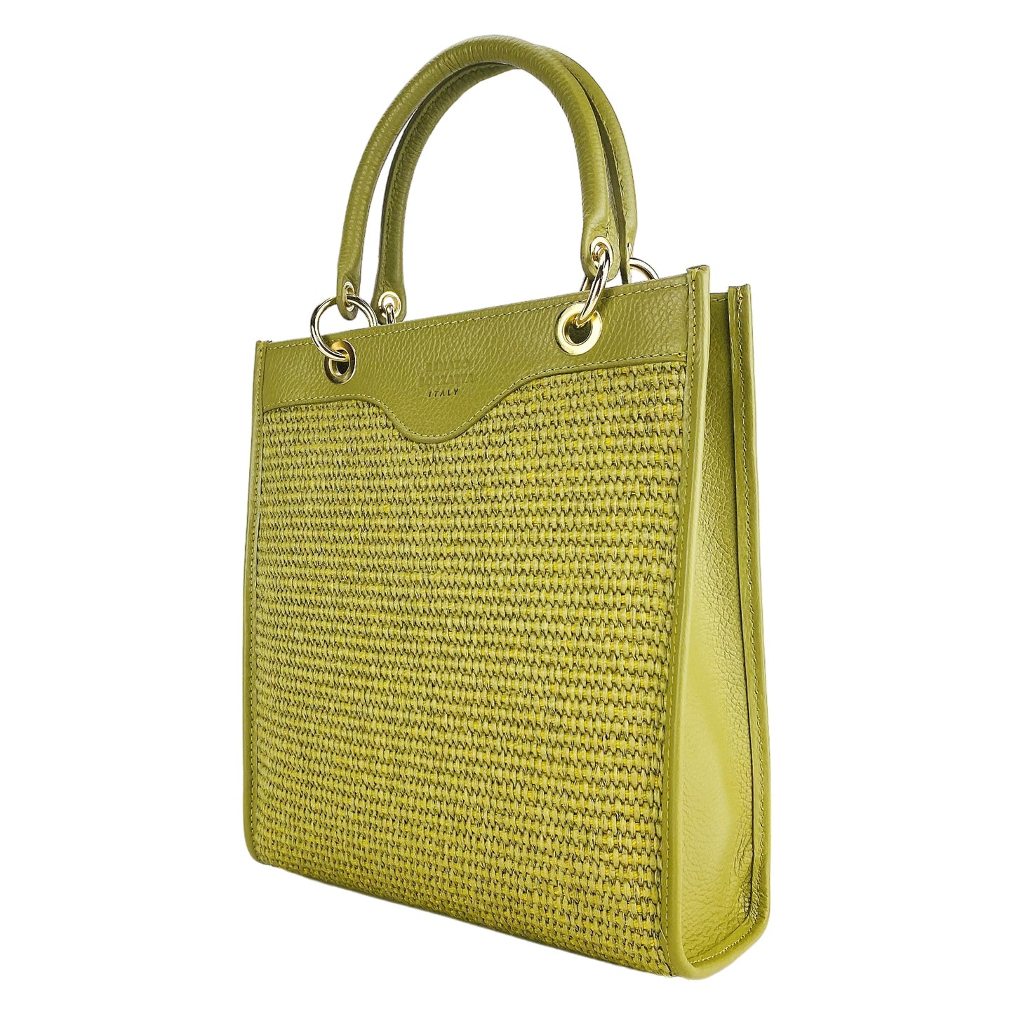 Green textured handbag on a white background