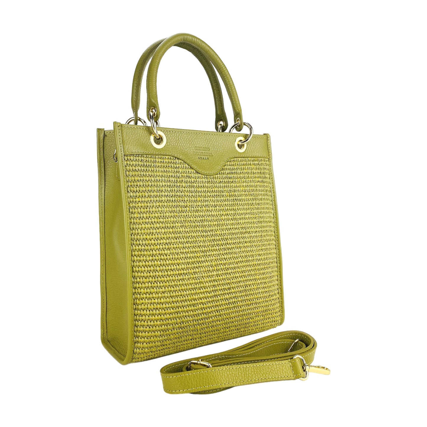 Green woven handbag with a matching strap on a white background