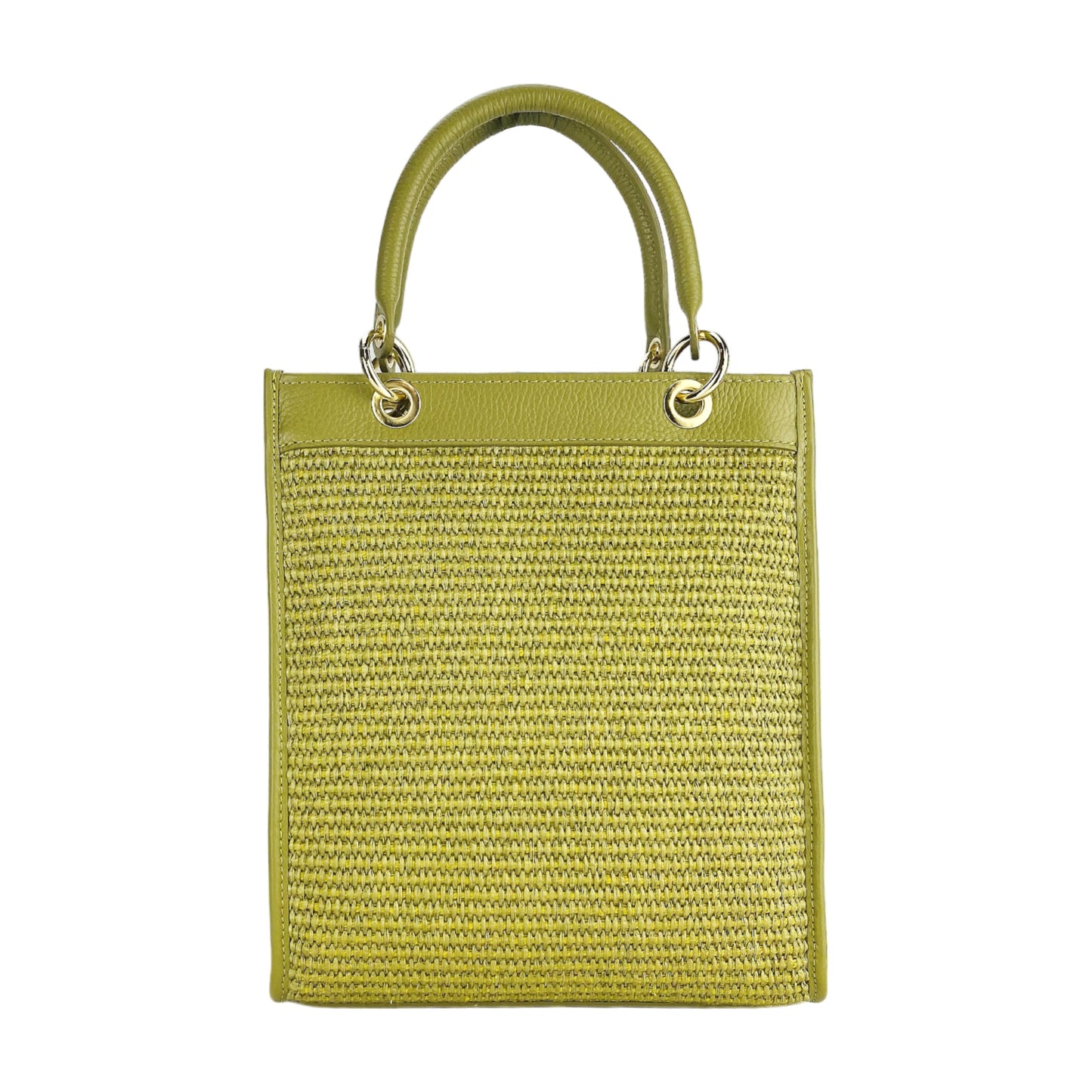 Green woven handbag with gold handles on a white background