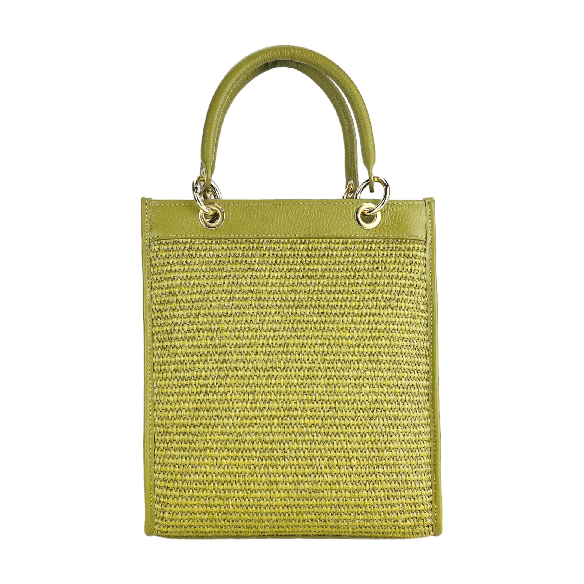 Green woven handbag with gold handles on a white background