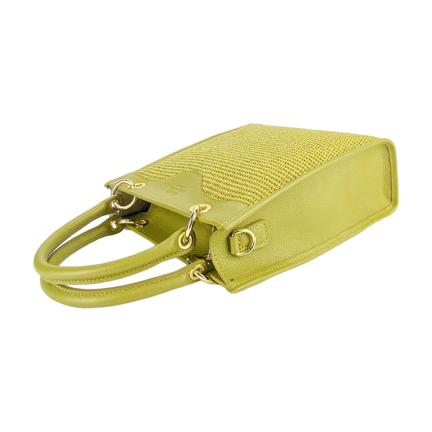 Yellow handbag with textured surface and gold accents on a white background