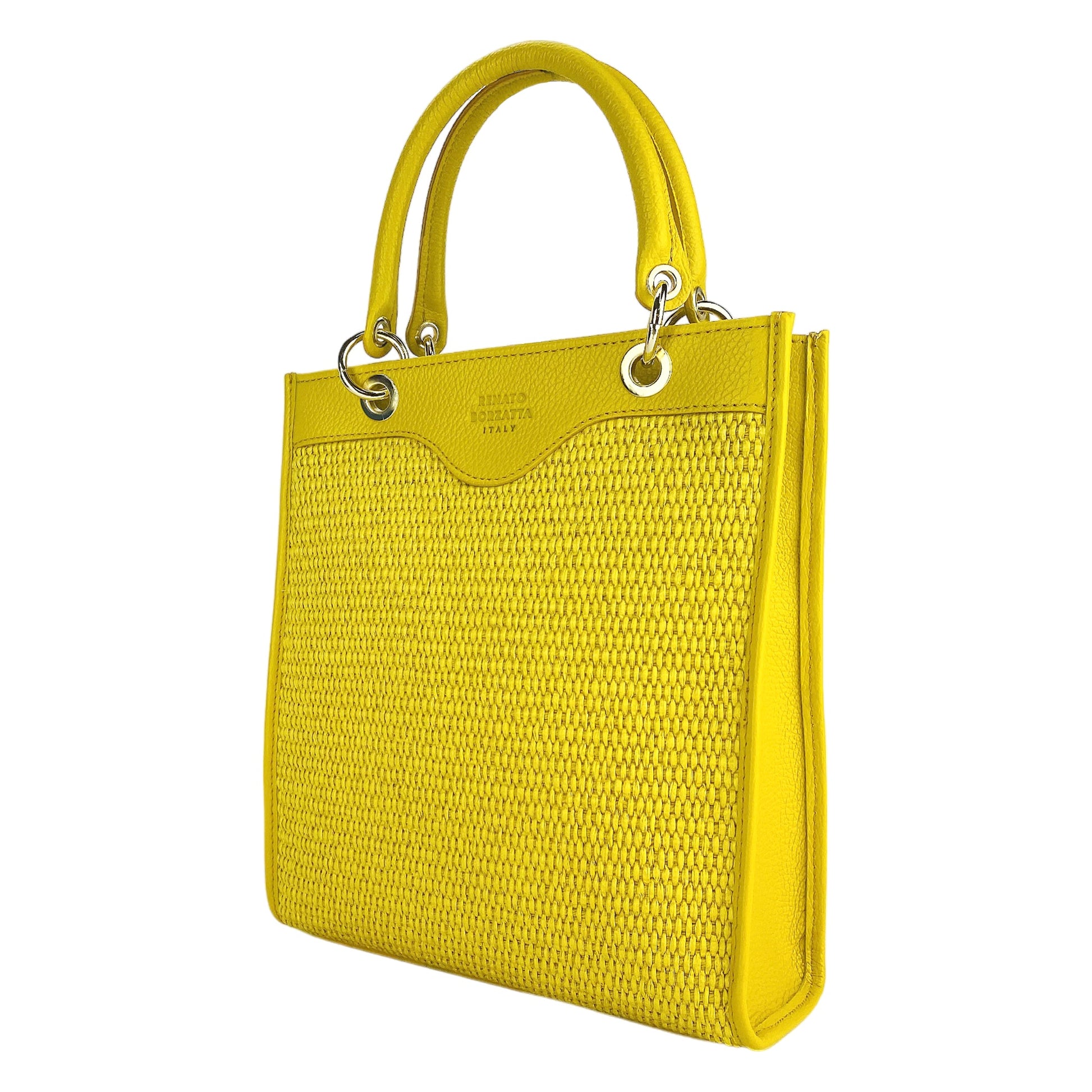 Yellow handbag with textured surface and visible brand name on a white background