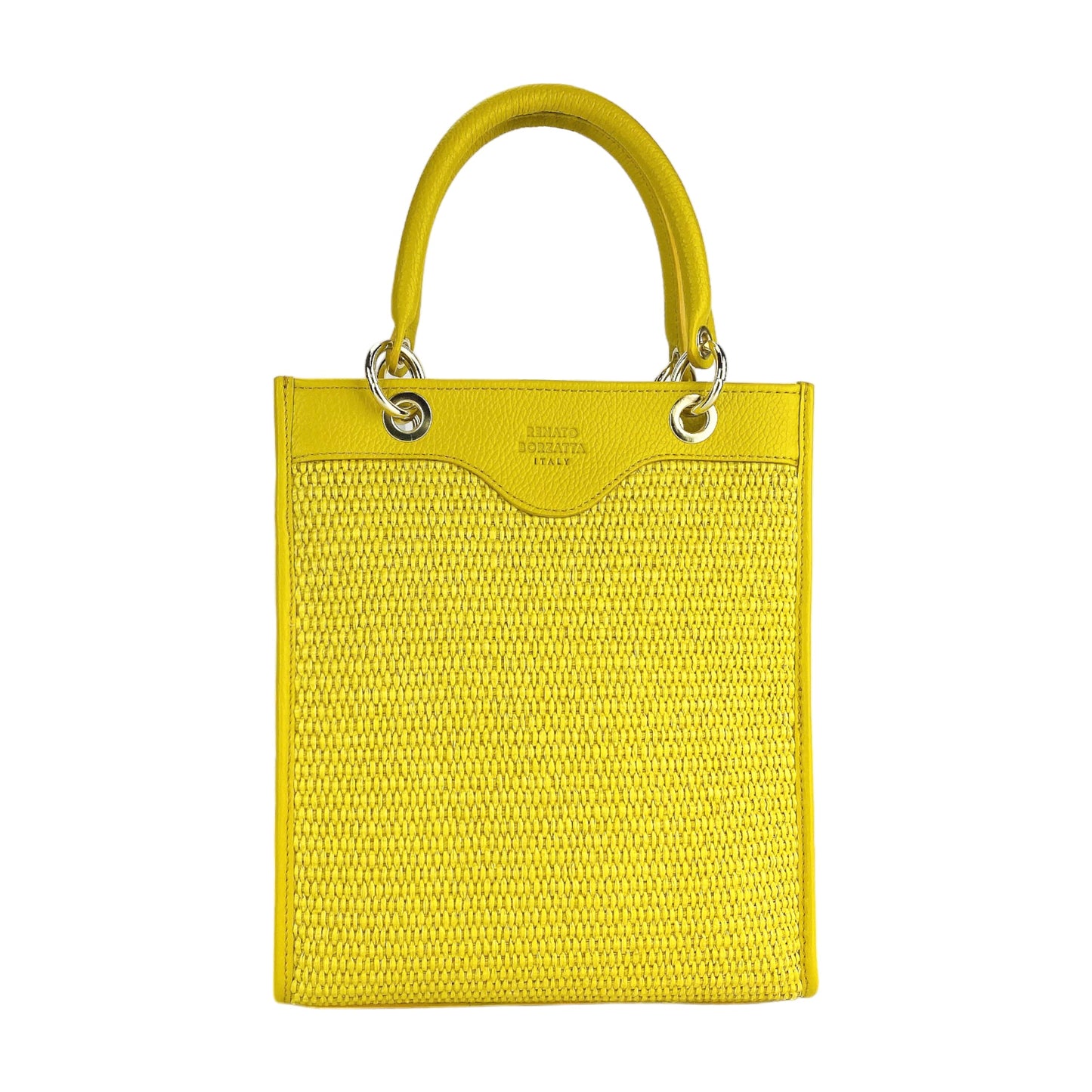 Yellow handbag with textured surface and handle on a white background