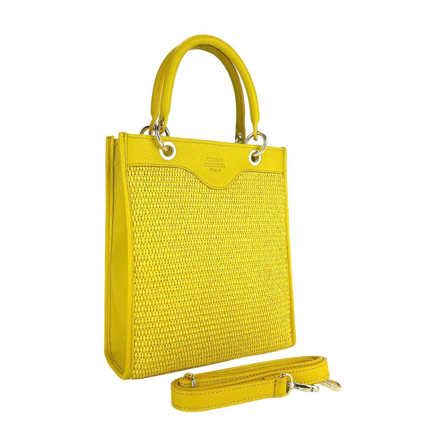 Yellow handbag with a matching strap on a white background