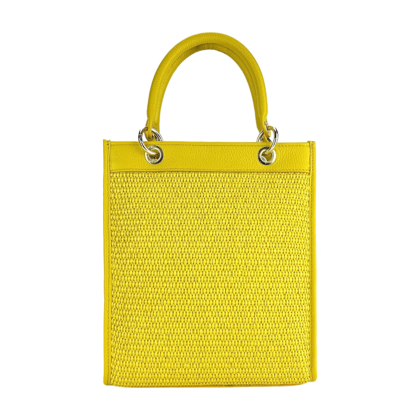 Yellow woven handbag with a handle on a white background