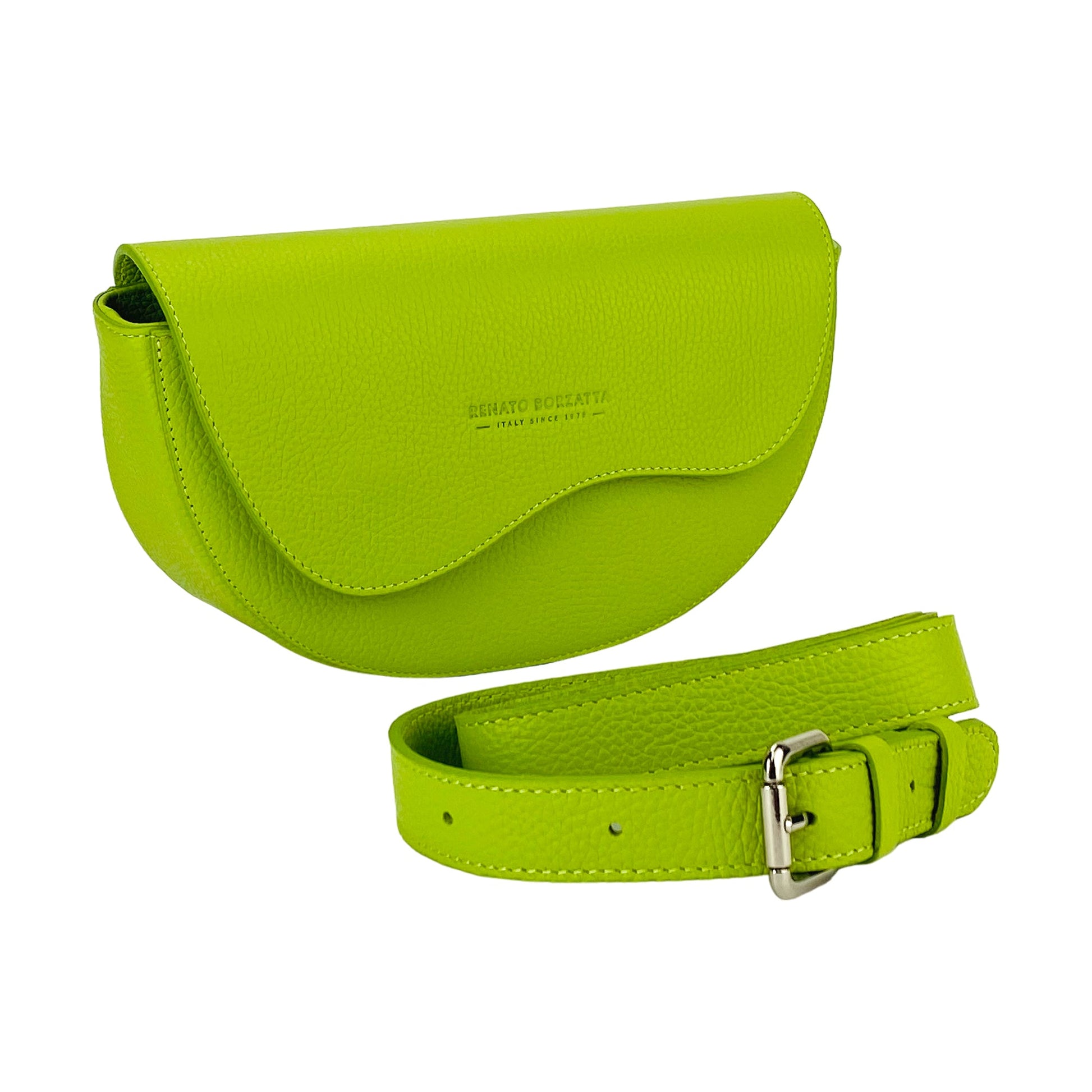 Green leather saddle bag with matching belt on a white background