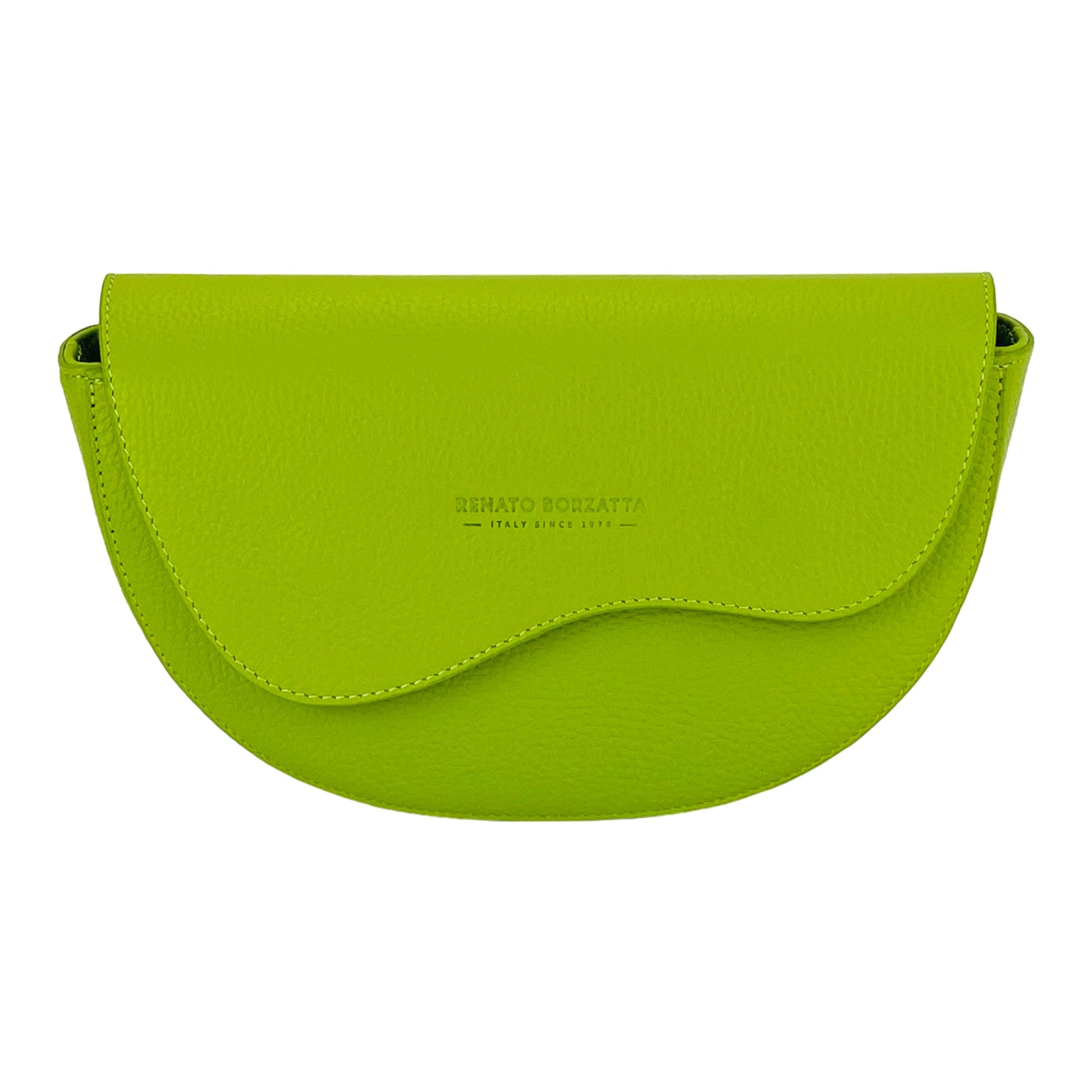 Green handbag with brand logo on a white background