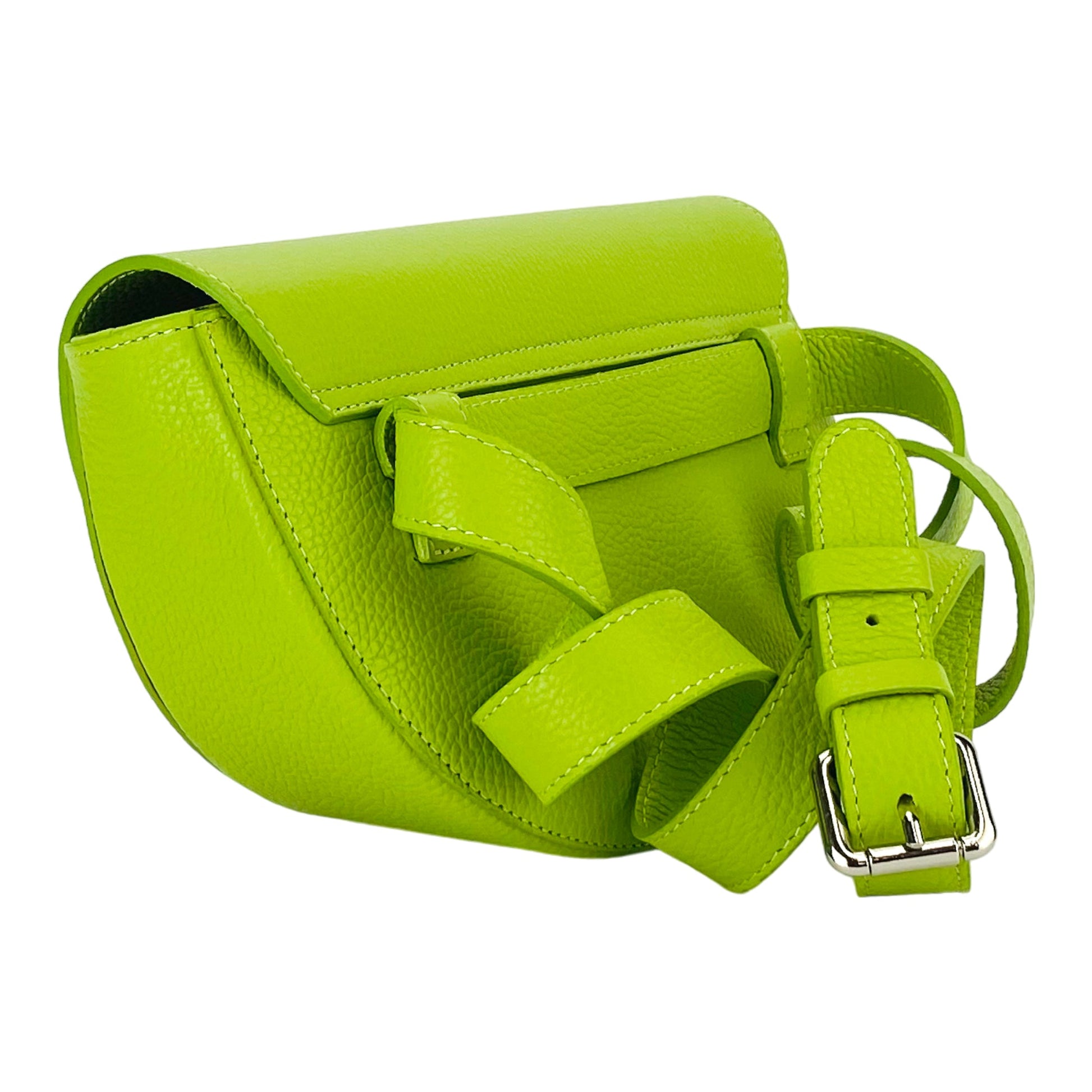 Green leather handbag with a strap on a white background