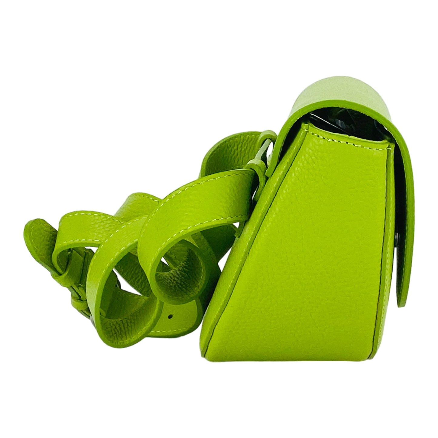 Green leather bag with matching strap on a white background