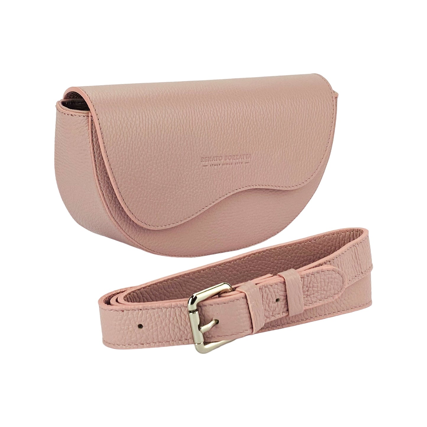 Pink leather saddle bag and belt set on a white background
