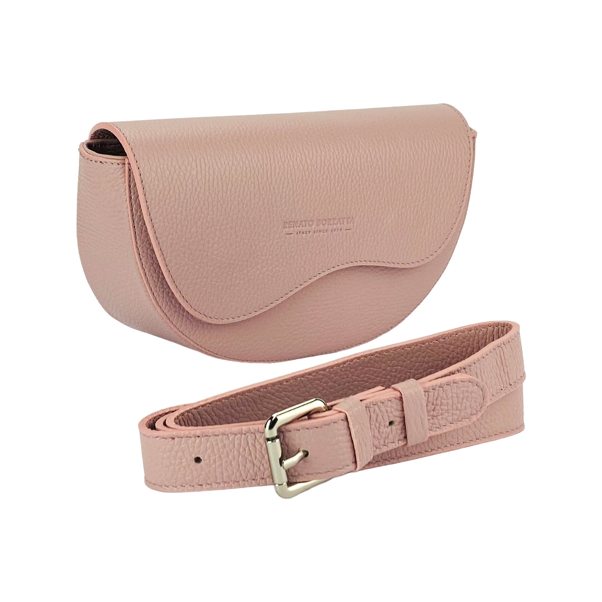 Pink leather saddle bag and belt set on a white background