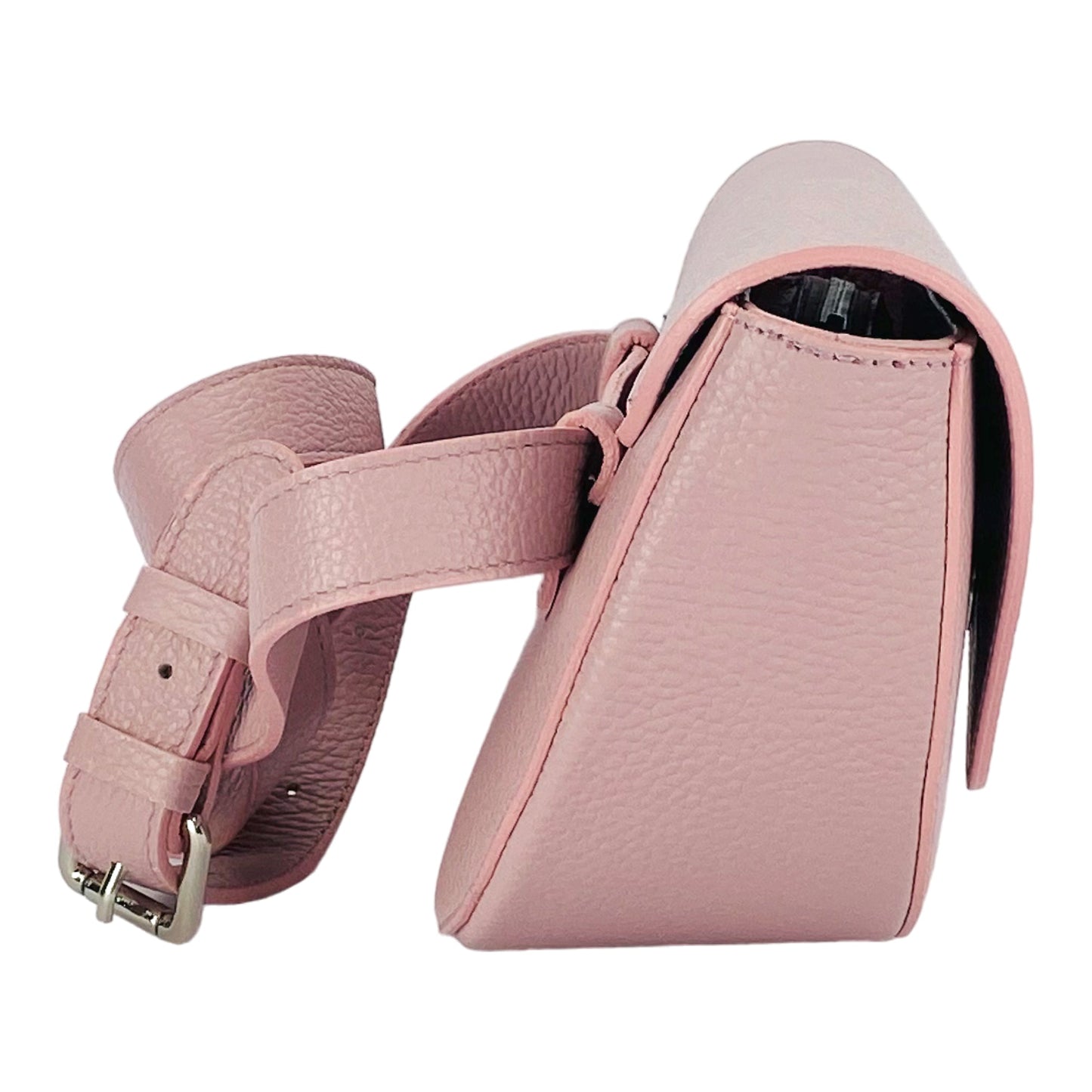 Pink leather handbag with a strap on a white background
