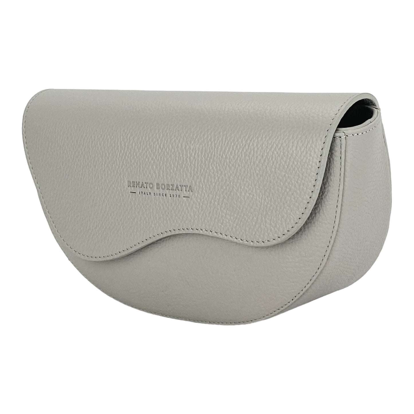 Light gray leather handbag with brand name on a white background