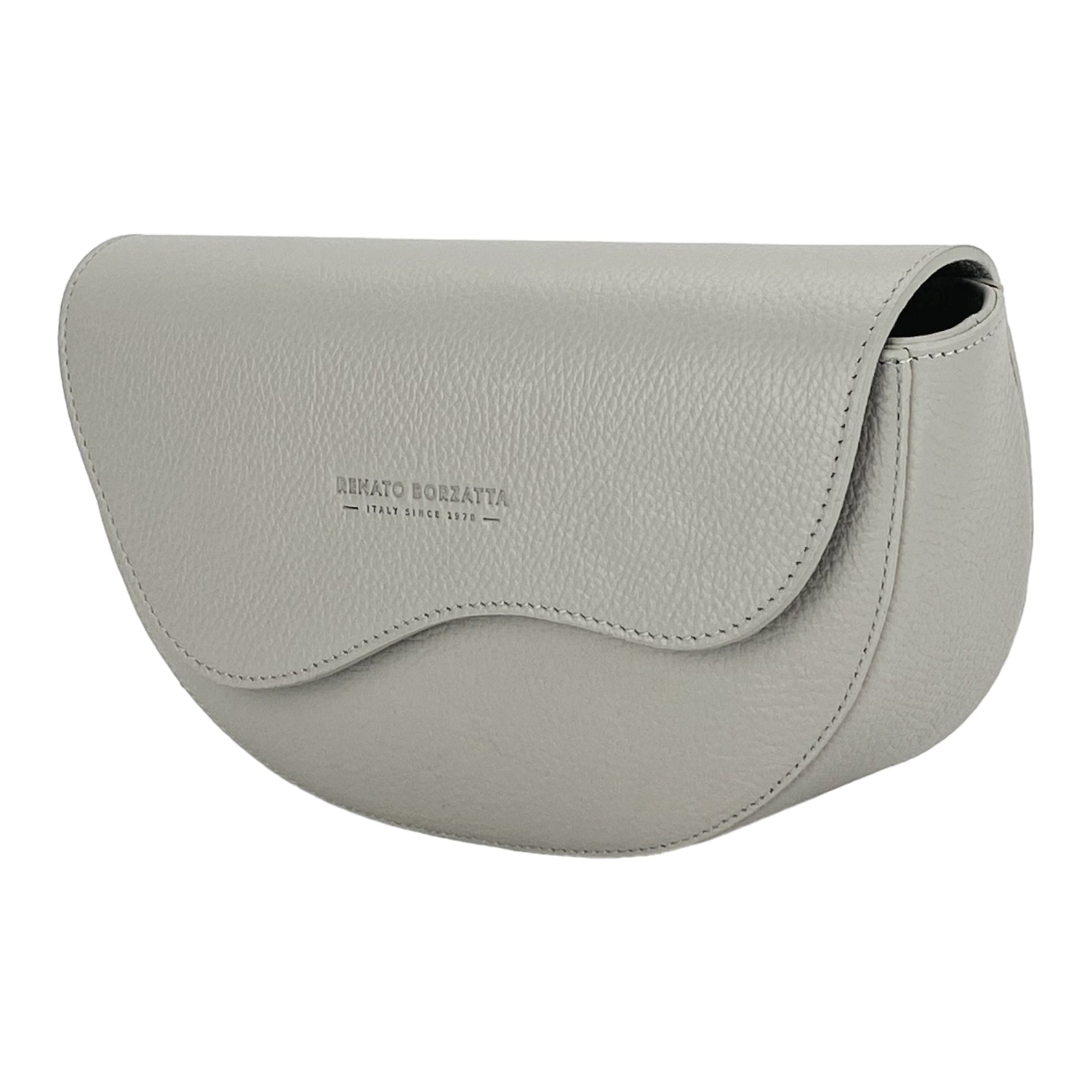 Light gray leather handbag with brand name on a white background