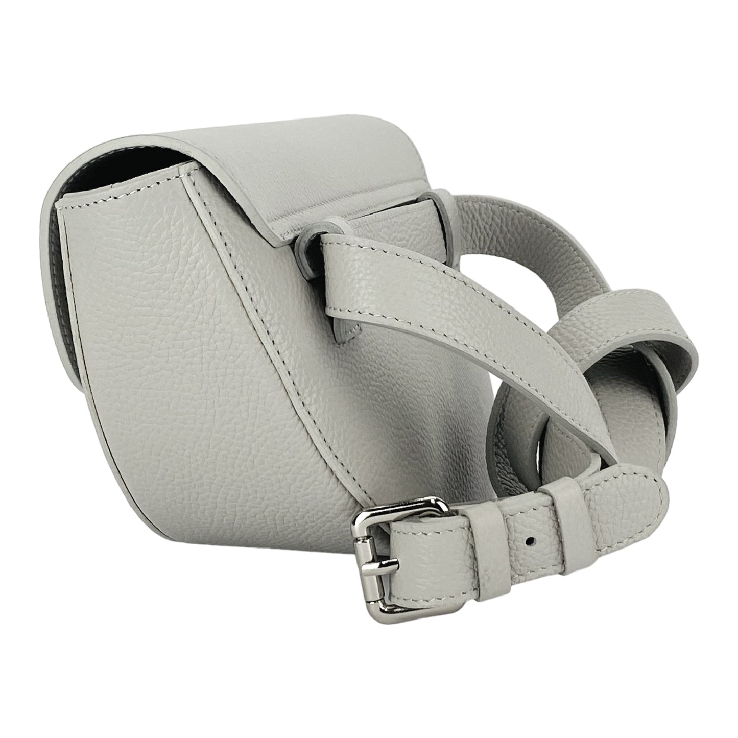Light gray leather handbag with a strap on a white background