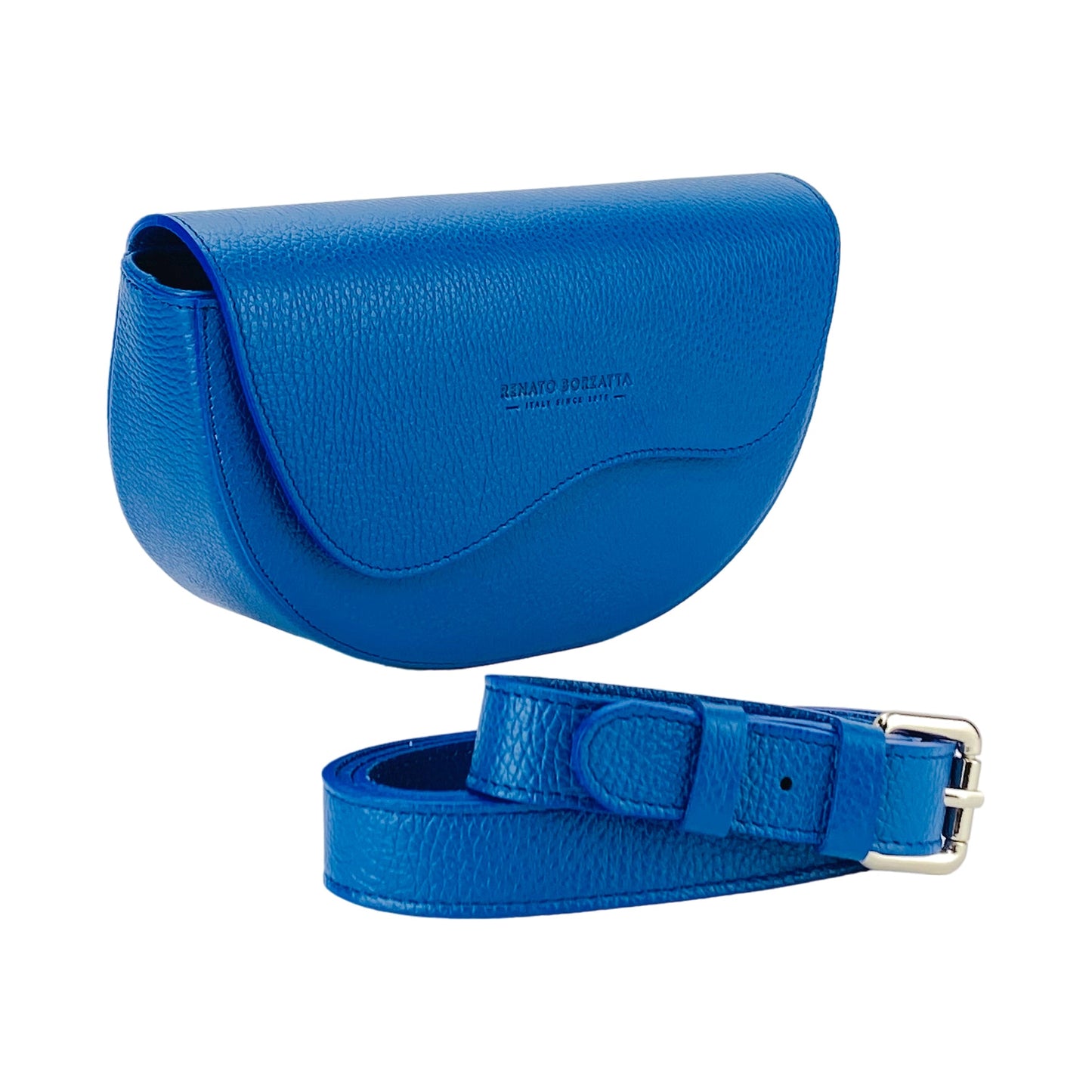 Blue leather saddle bag with matching belt on a white background