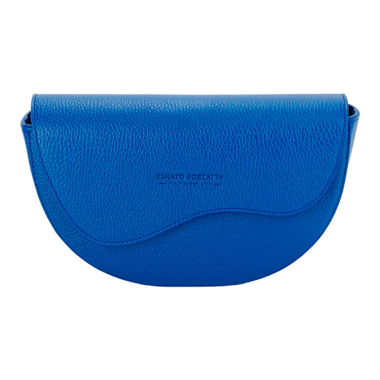 Blue handbag with a visible brand logo on a white background