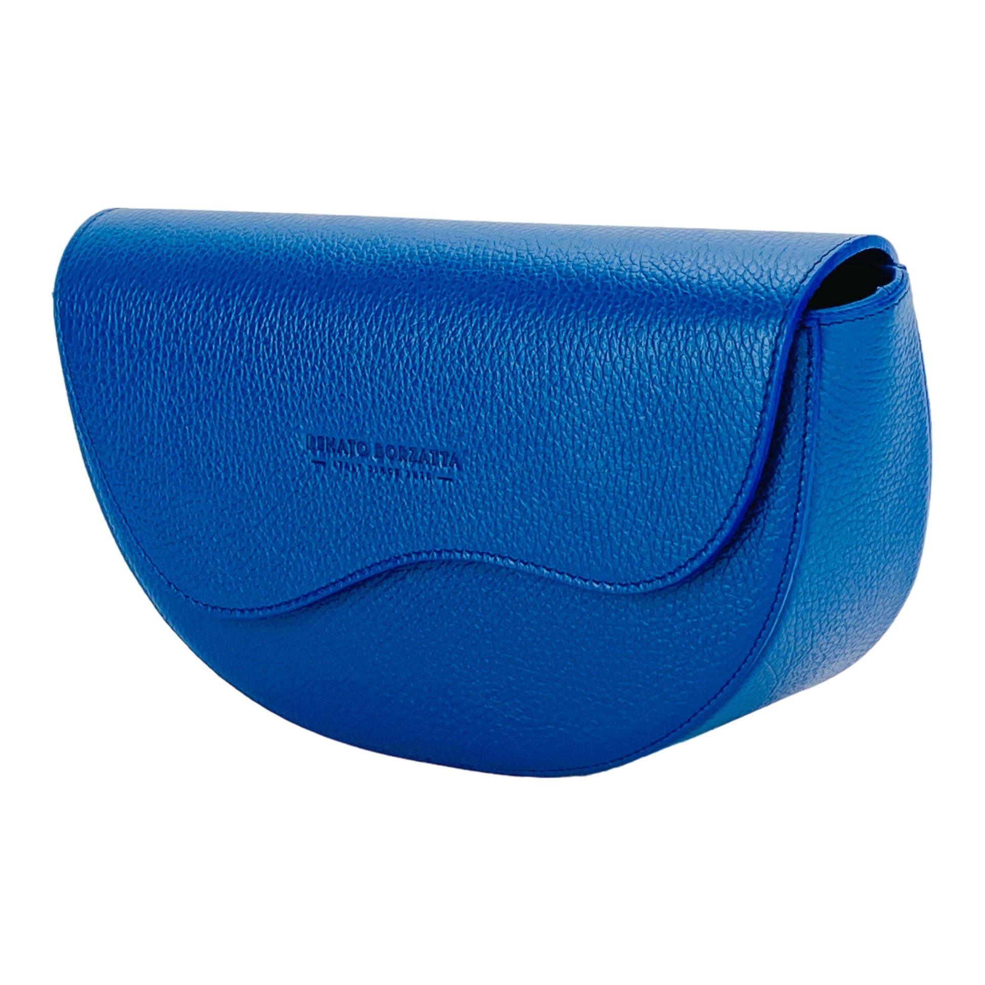 Blue leather handbag with brand logo on a white background