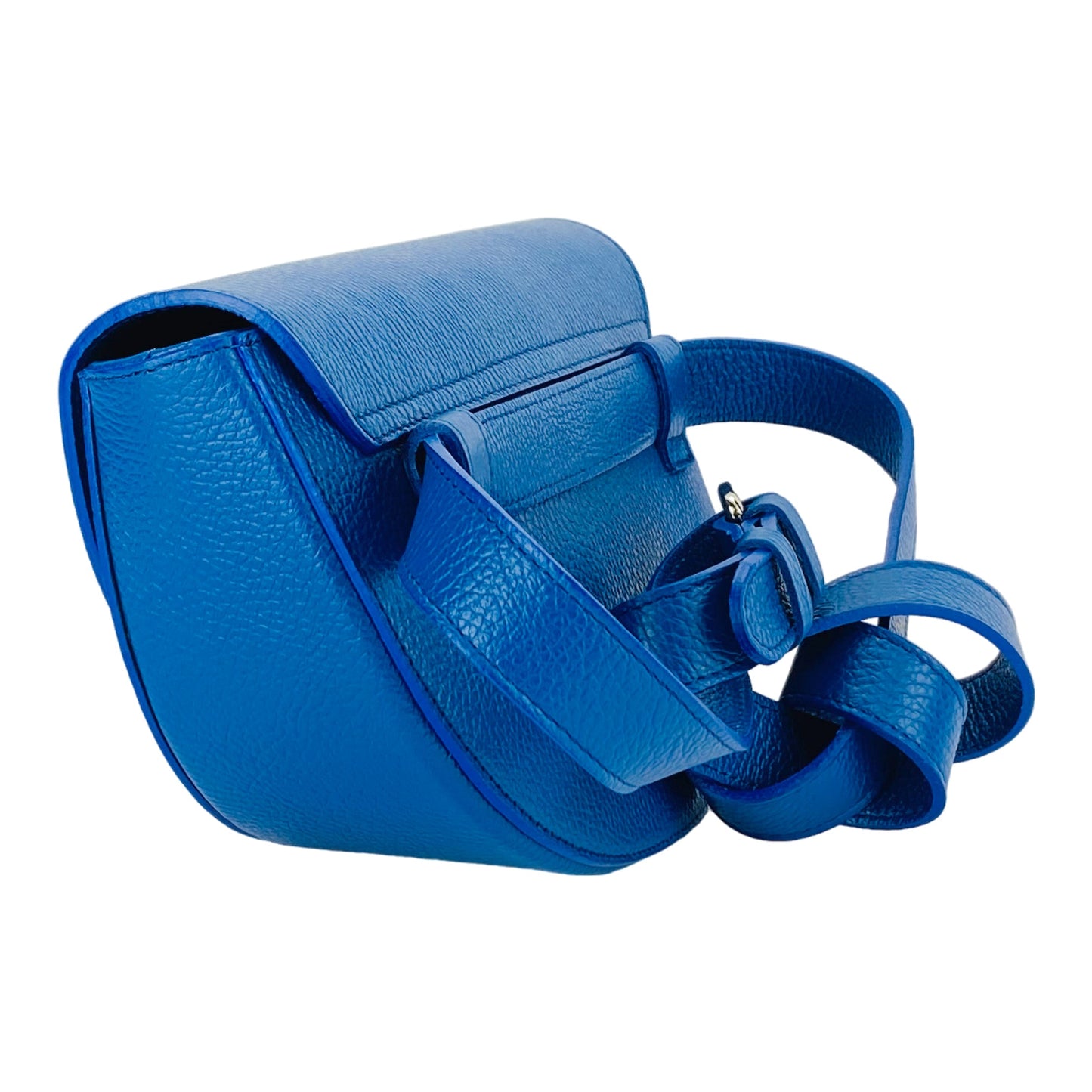 Blue handbag with a strap on a white background