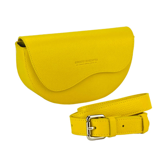 Yellow leather belt bag with matching belt on a white background