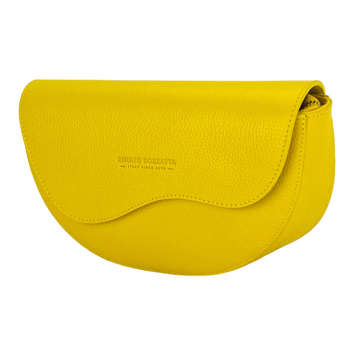 Yellow handbag with a brand logo on a white background