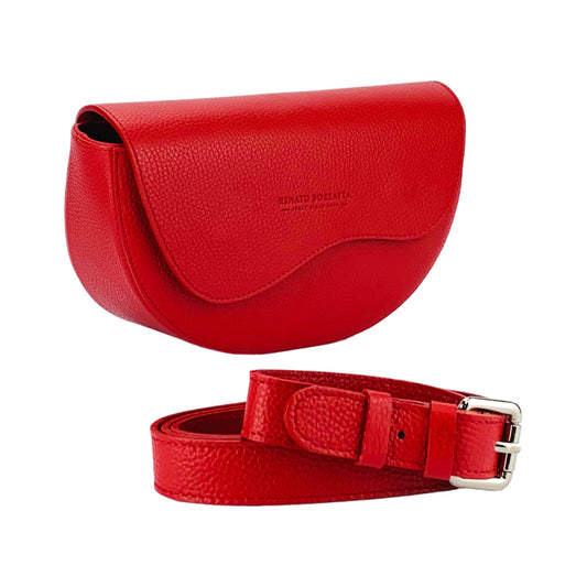 Red leather saddle bag with matching belt on a white background