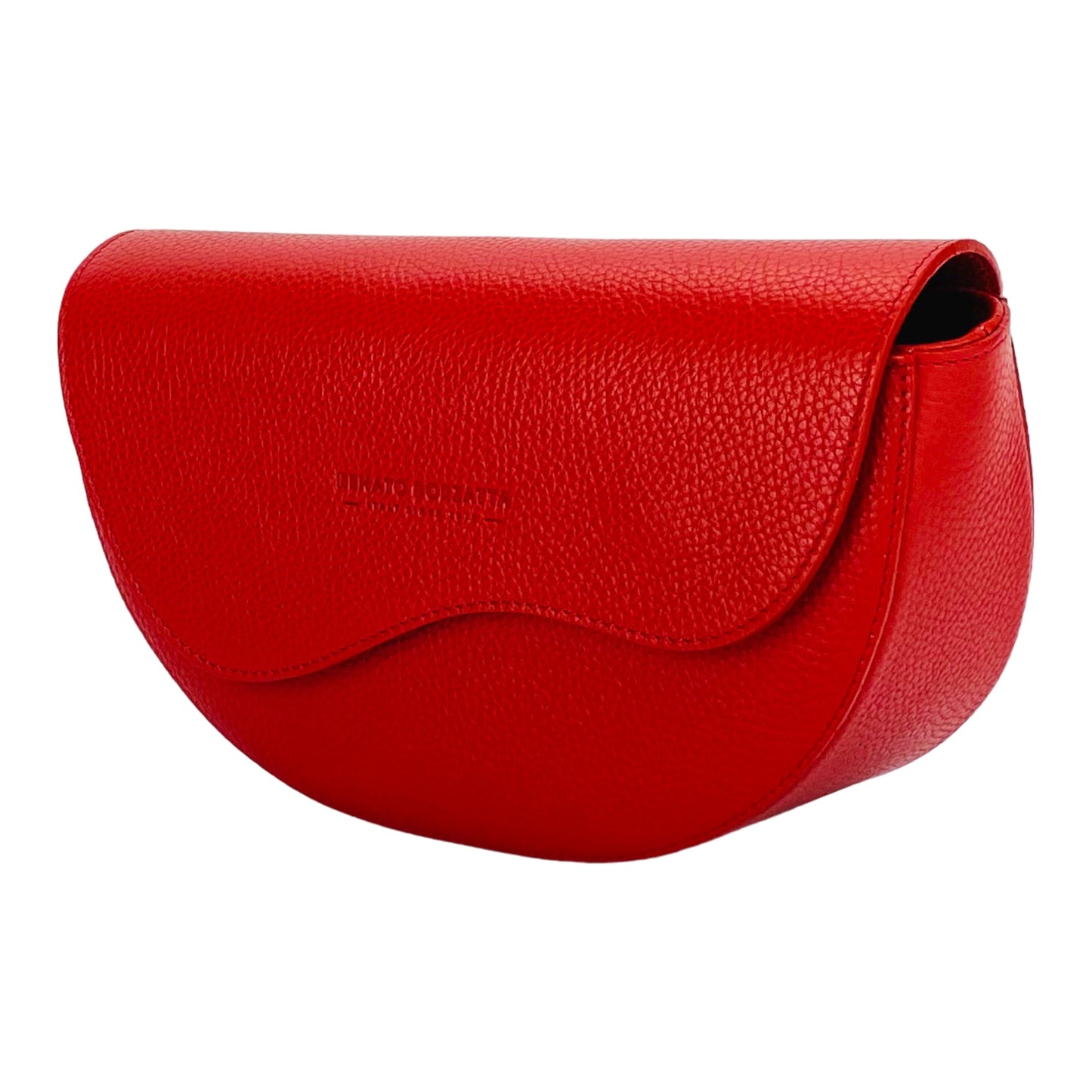 Red leather handbag on a white background