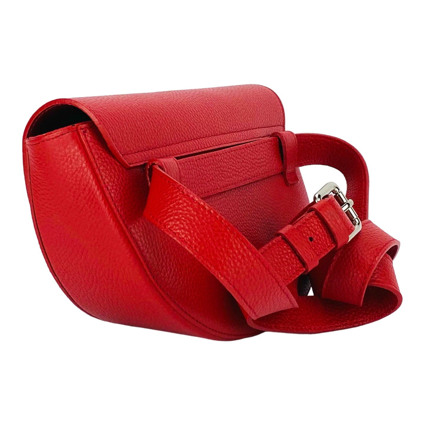 Red leather handbag with a strap on a white background