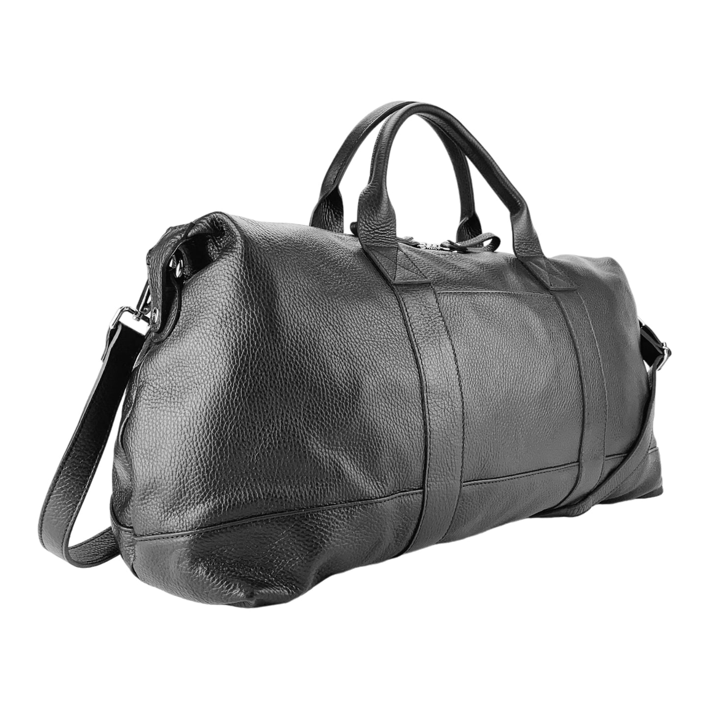 Black leather duffel bag on a white background