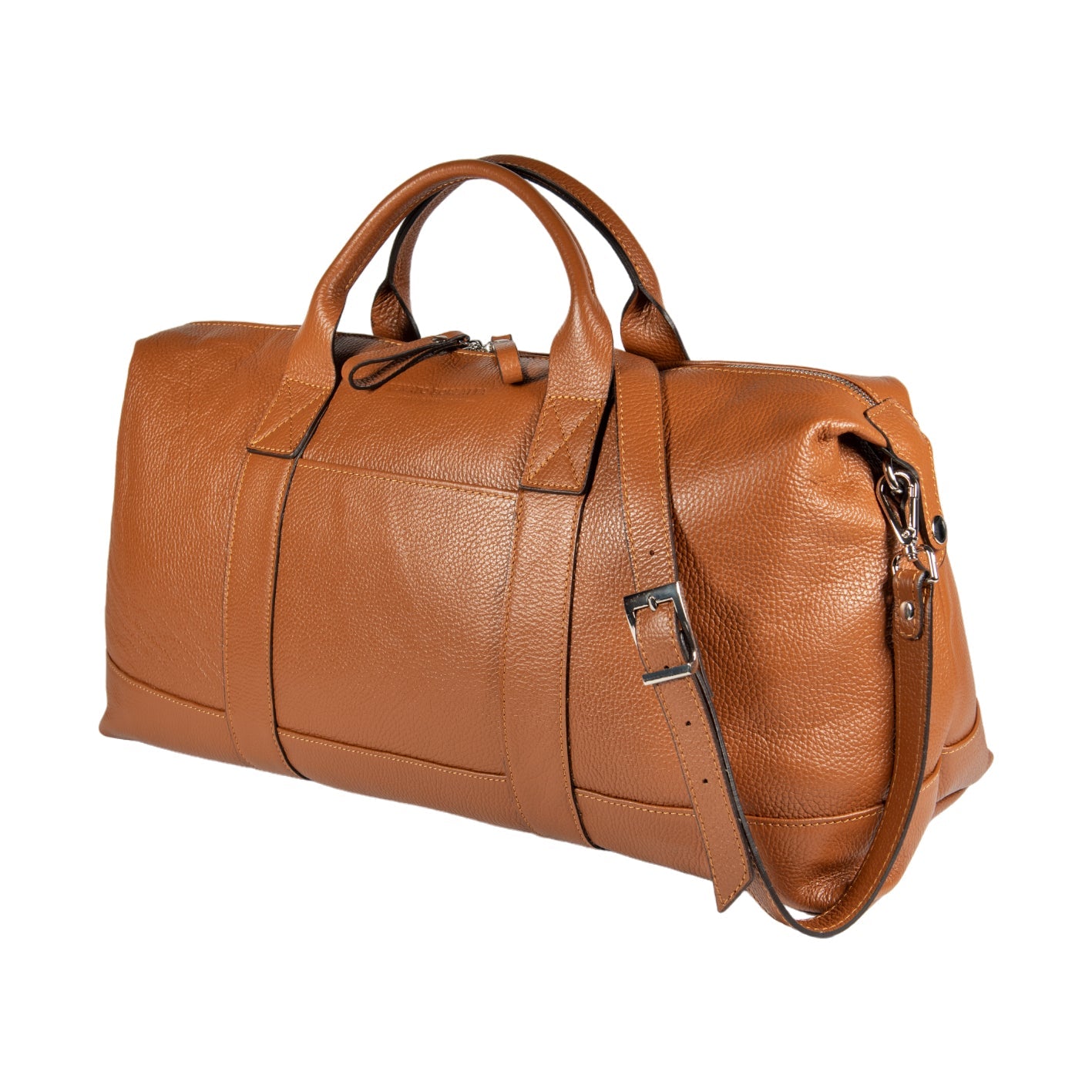 Brown leather duffel bag with a shoulder strap on a white background