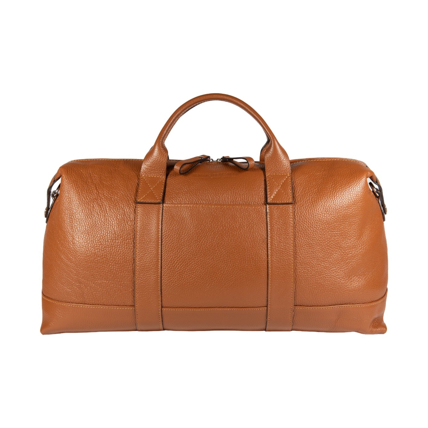 Brown leather duffel bag on a white background