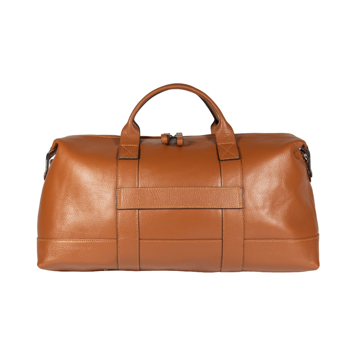 Brown leather duffel bag on a white background