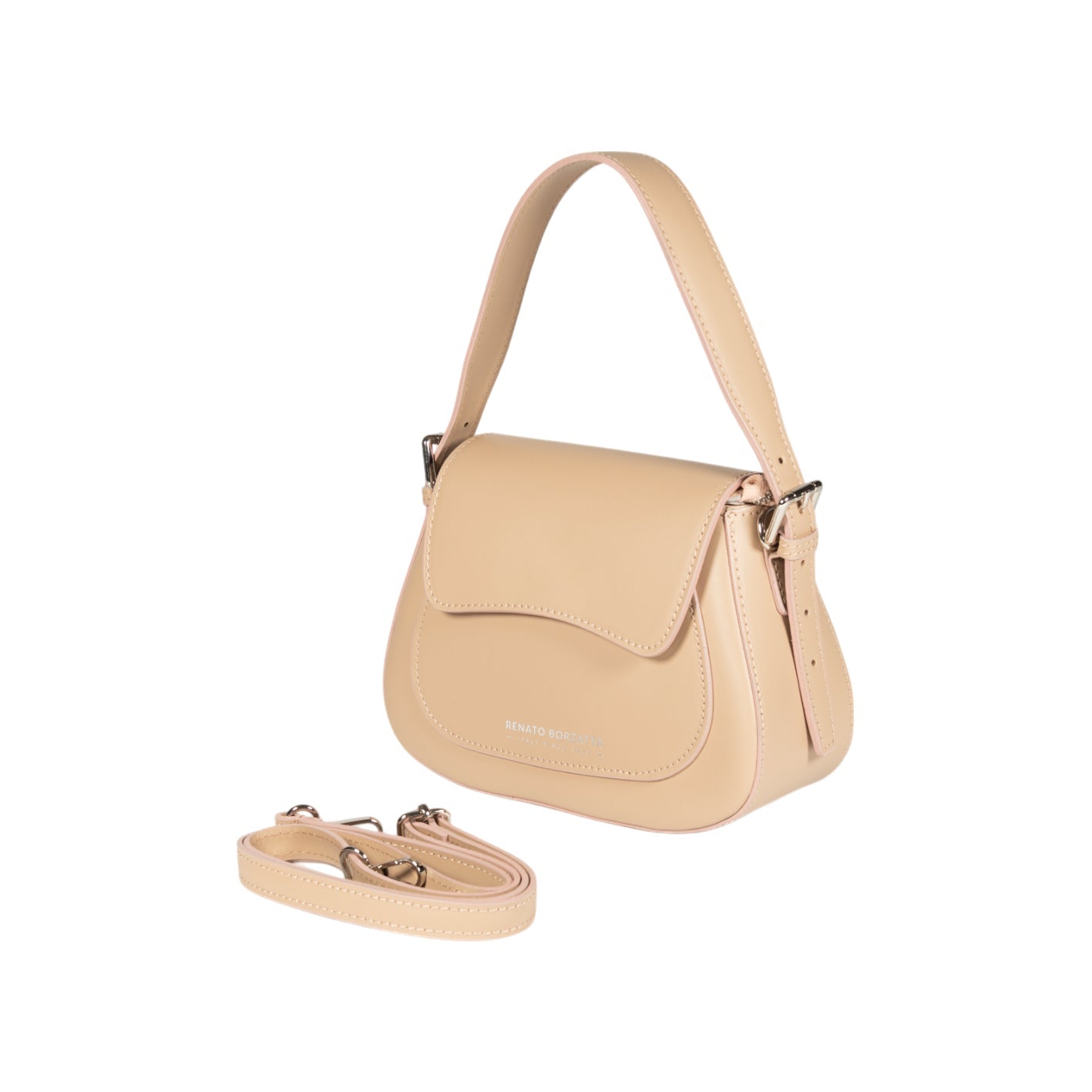 Beige handbag with detachable strap on a white background