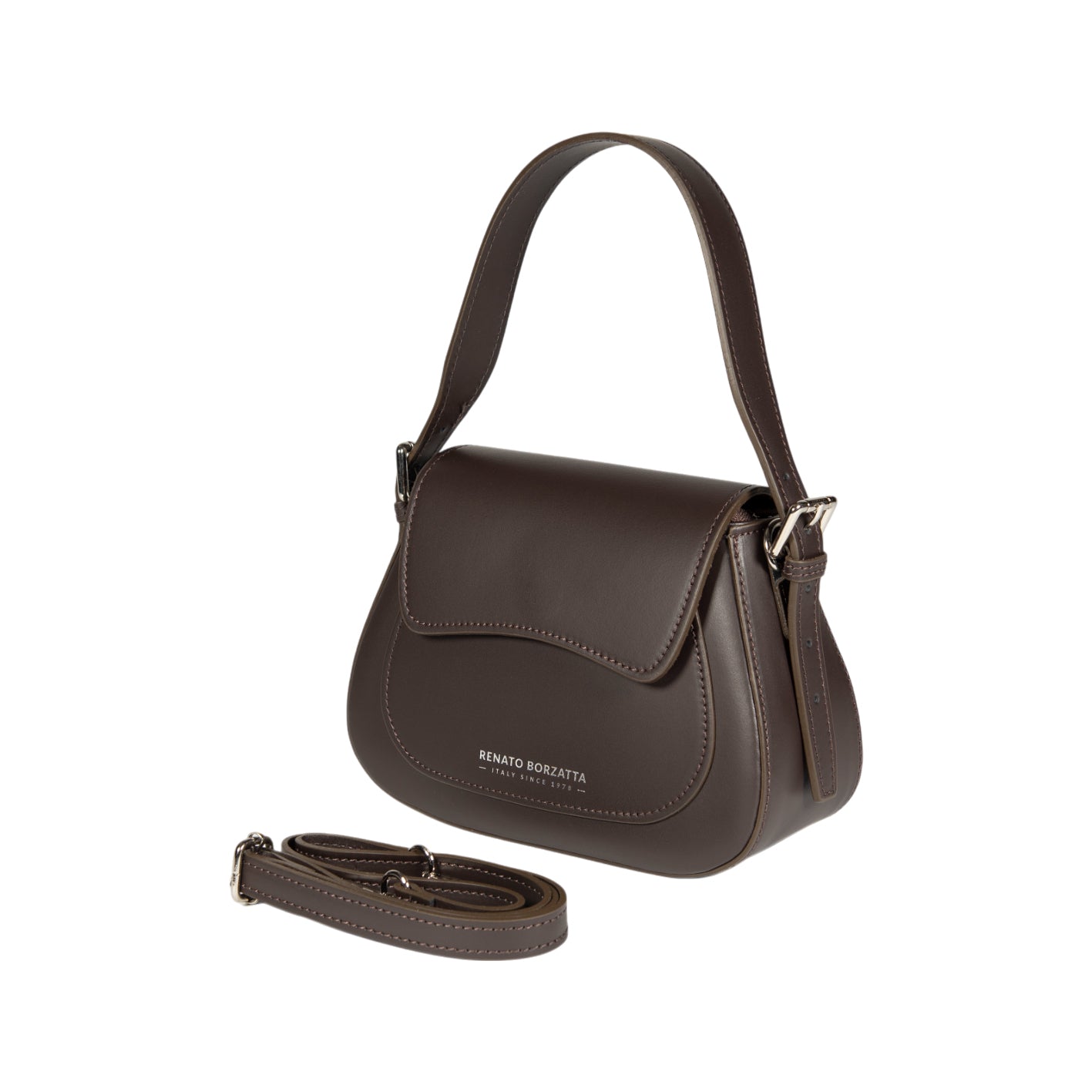 Brown handbag with a strap on a white background