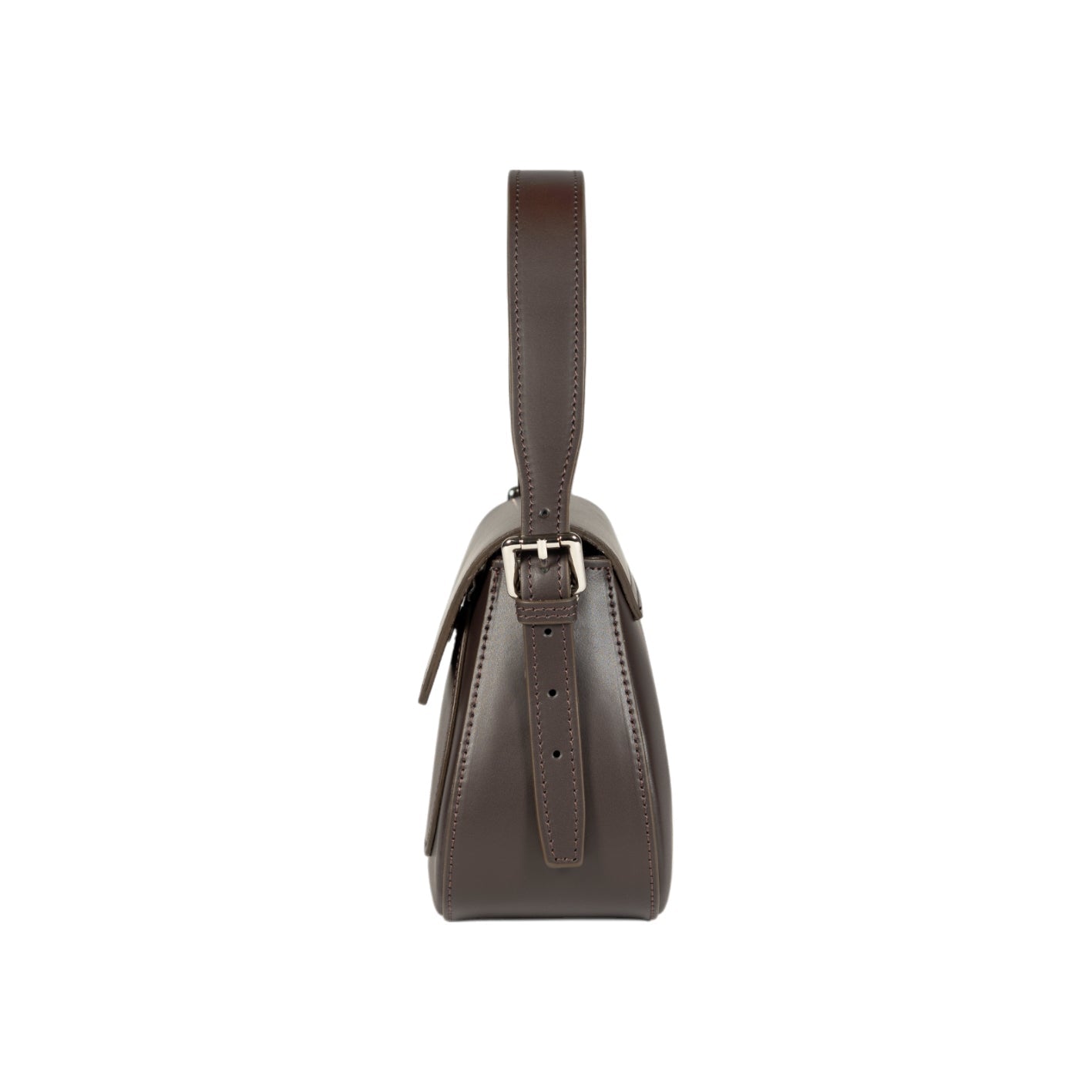 Brown leather handbag with a strap on a white background