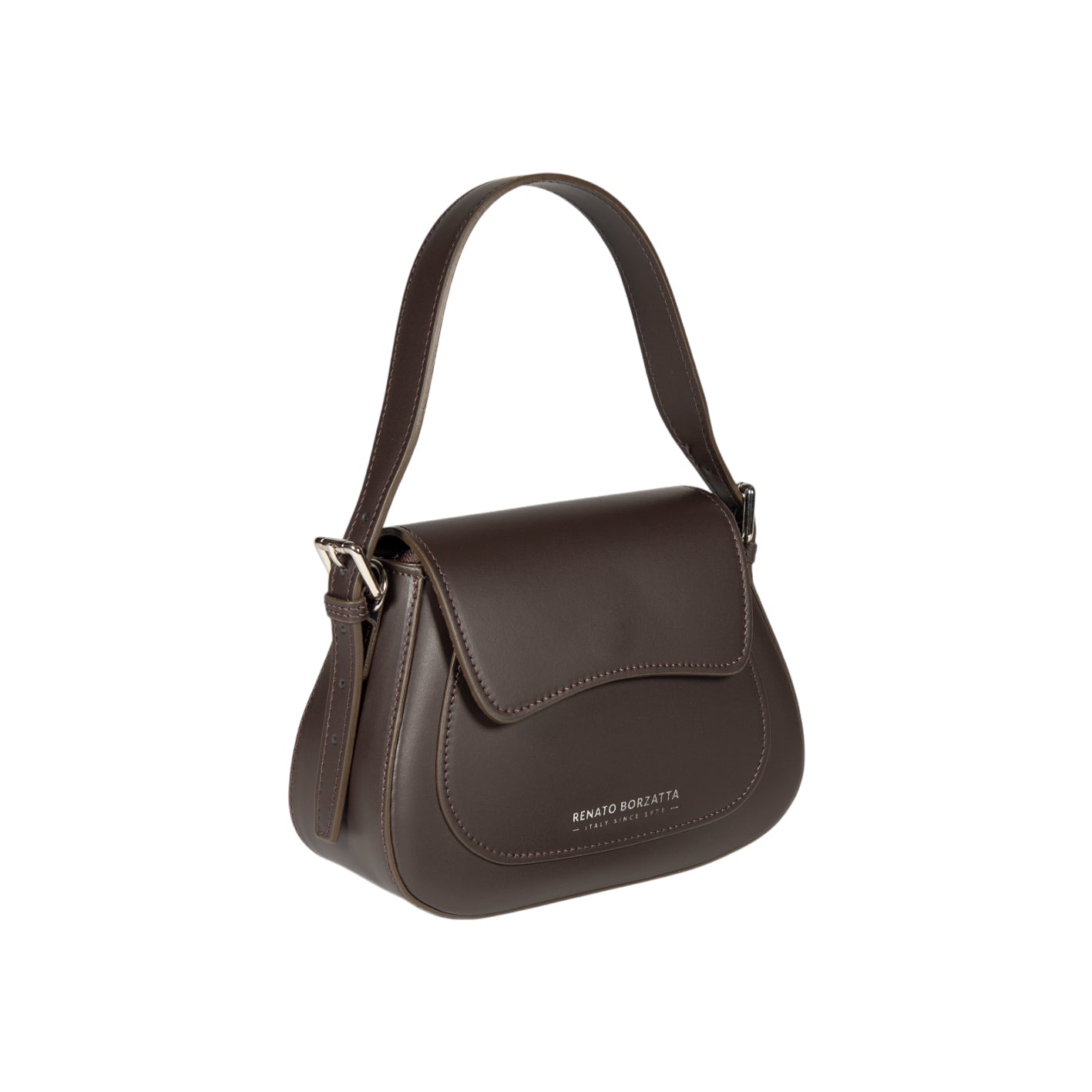 Brown handbag with a visible brand name on a white background