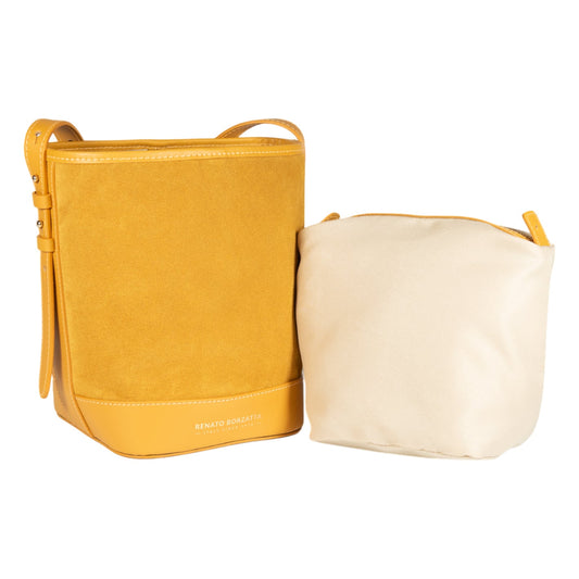 Yellow and beige bags with  branding on a white background