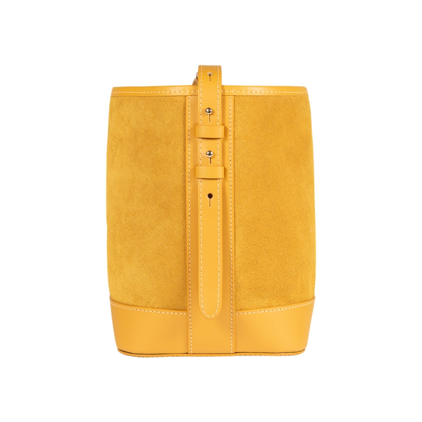 Yellow suede bag with a belt on a white background
