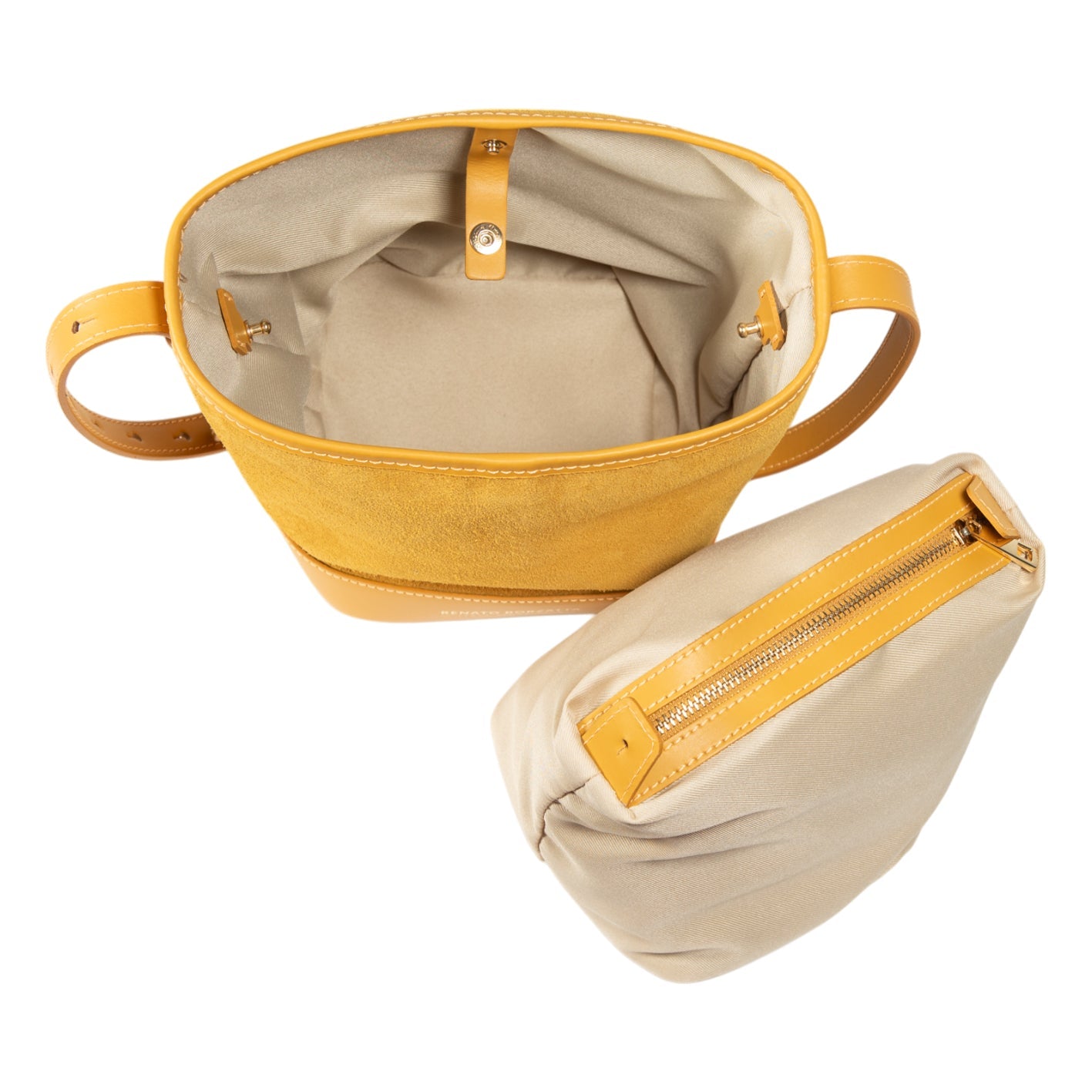 Yellow and beige handbag with a smaller pouch on a white background