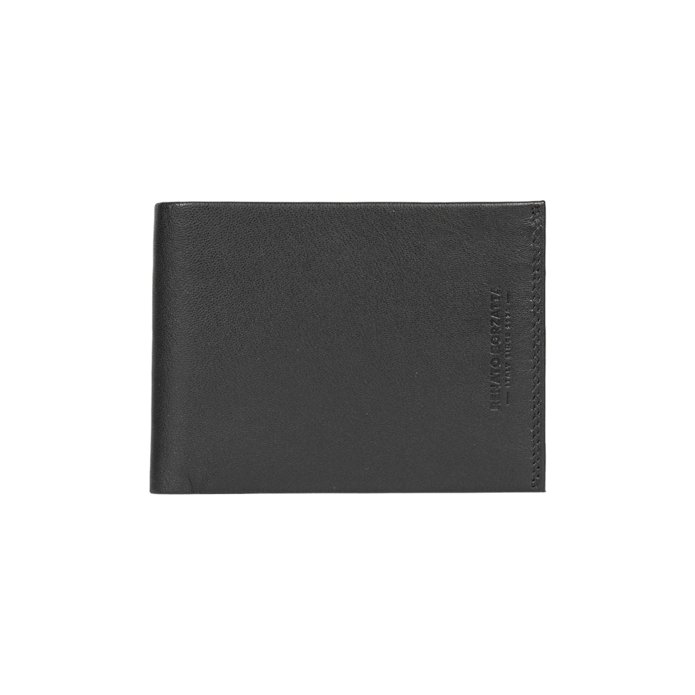 Black leather wallet with brand name on a white background