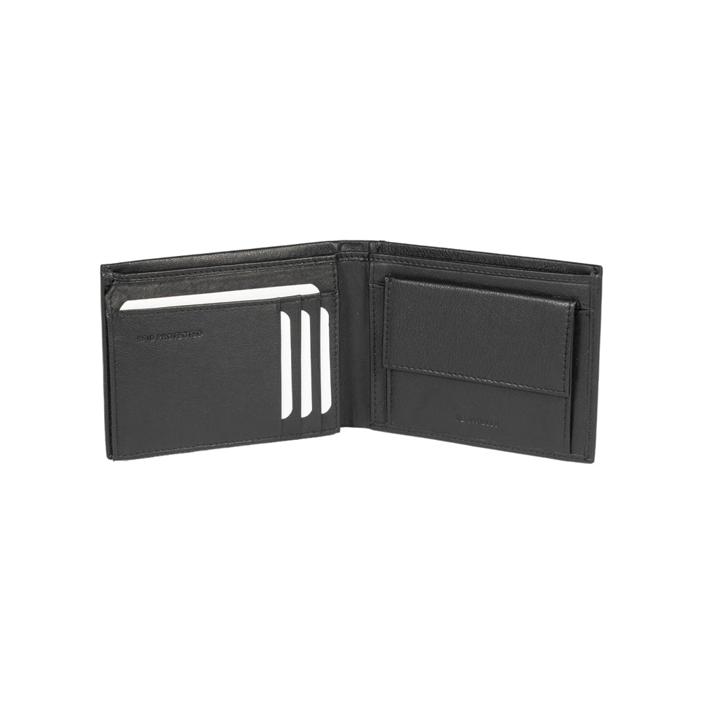 Black leather wallet open on a white background