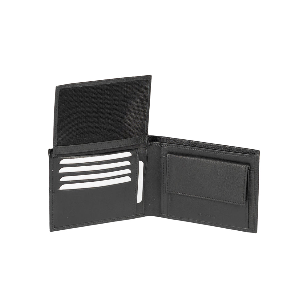 Black leather wallet open on a white background