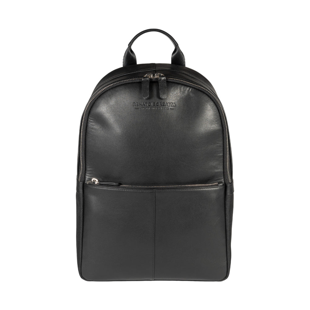 Black leather backpack on a white background