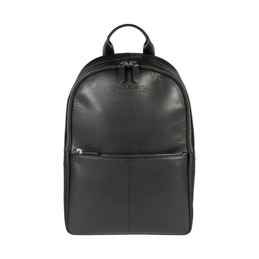 Black leather backpack on a white background