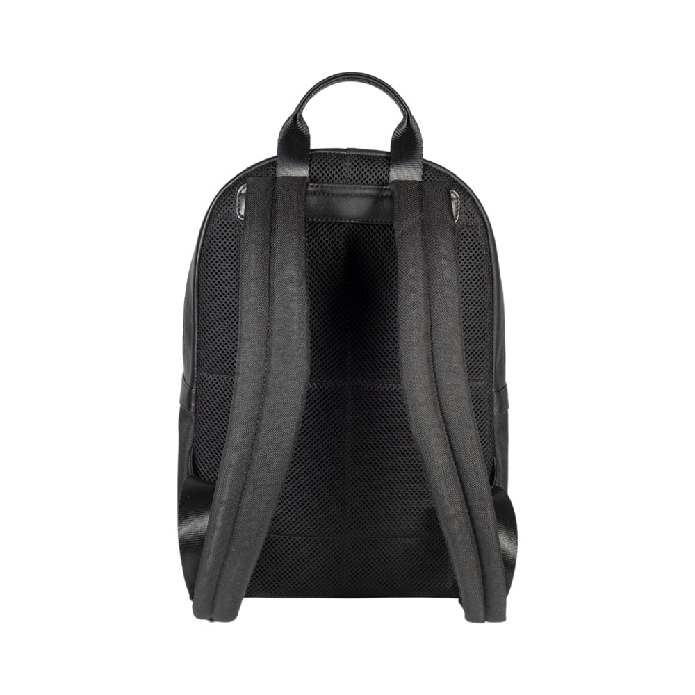 Black backpack shown from the back on a white background