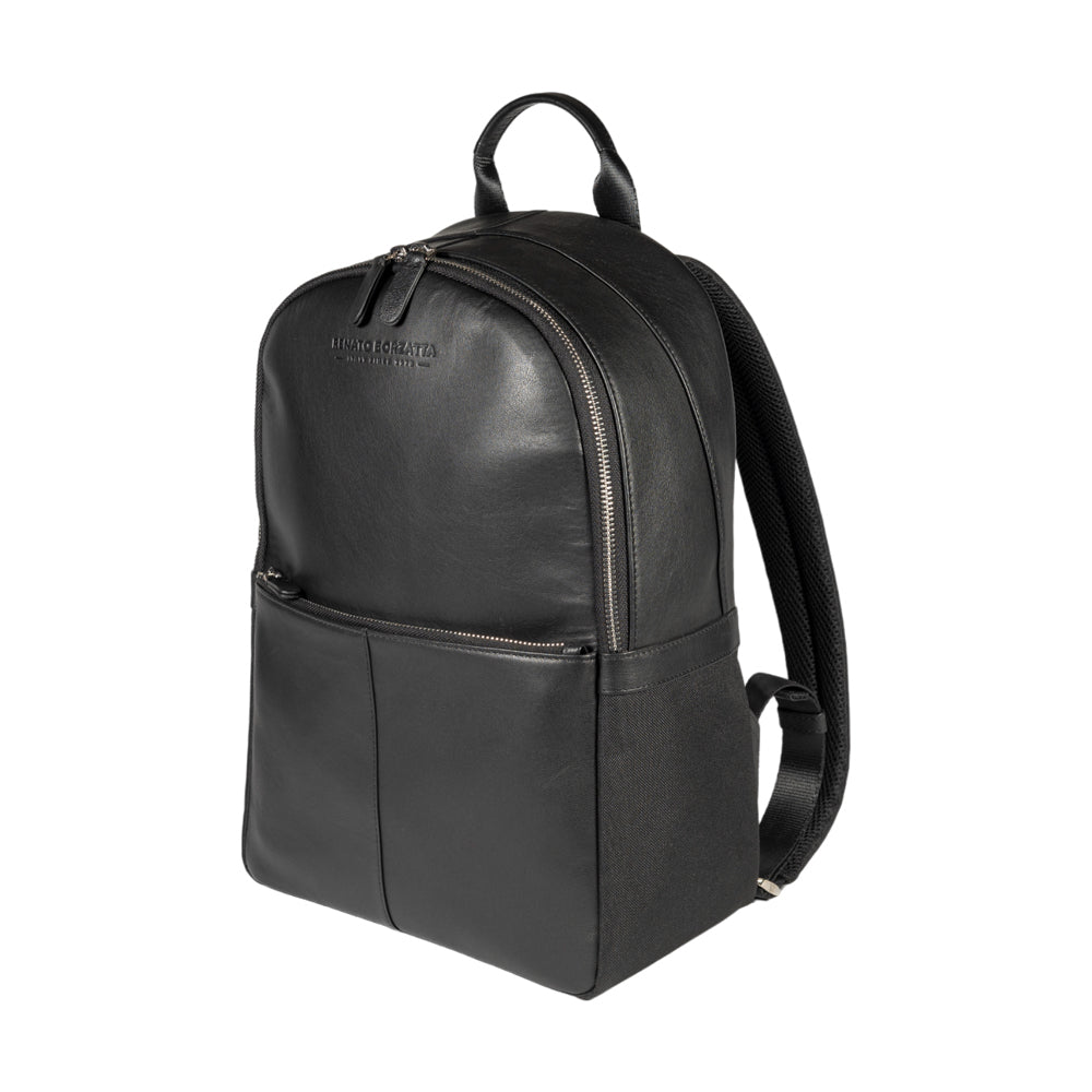 Black backpack with a visible brand logo on a white background