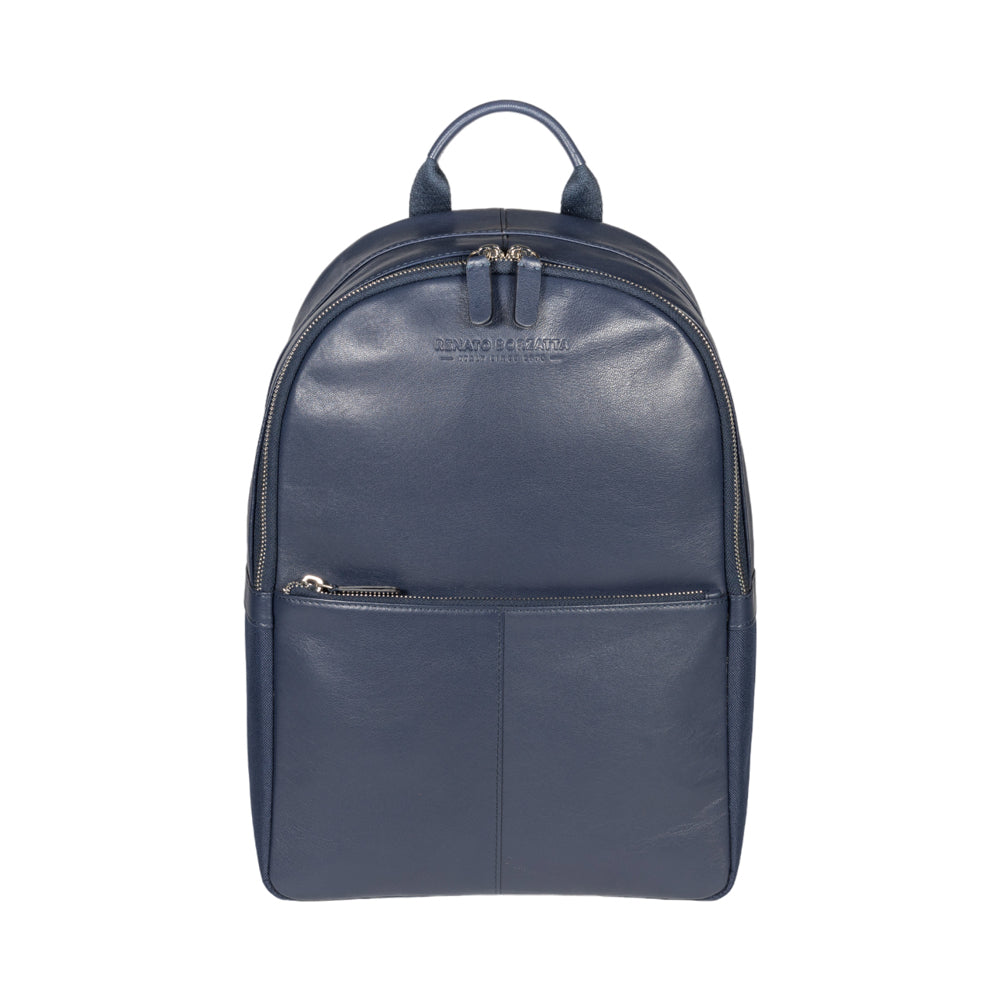 Blue leather backpack on a white background