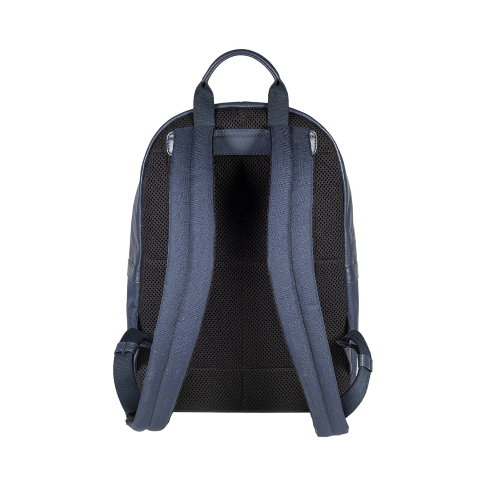 Back view of a black backpack with gray straps on a white background