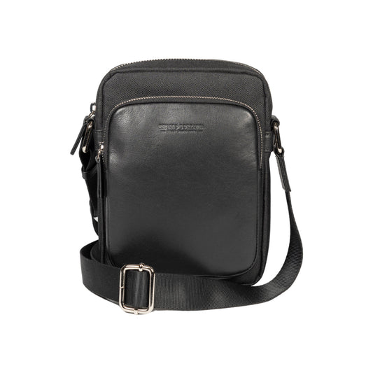 Black leather crossbody bag with visible brand name on a white background